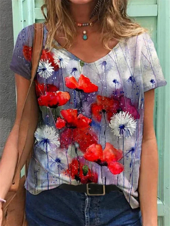 T-shirt with v-neck painting floral art