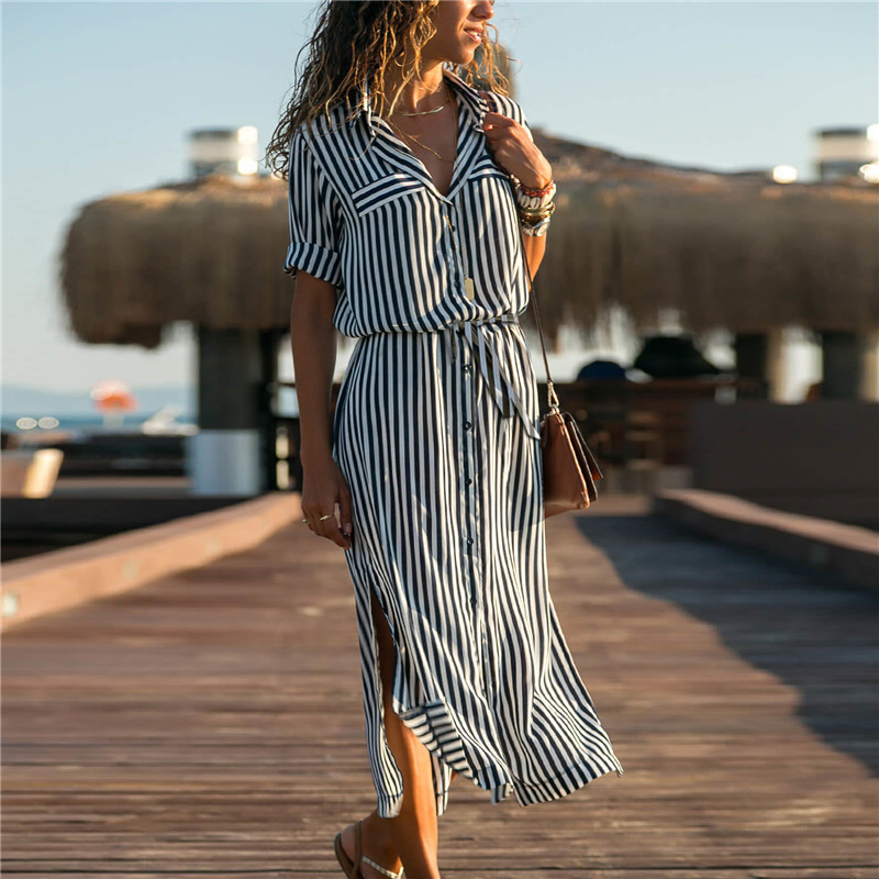 Sam - Striped tie-waist button dress