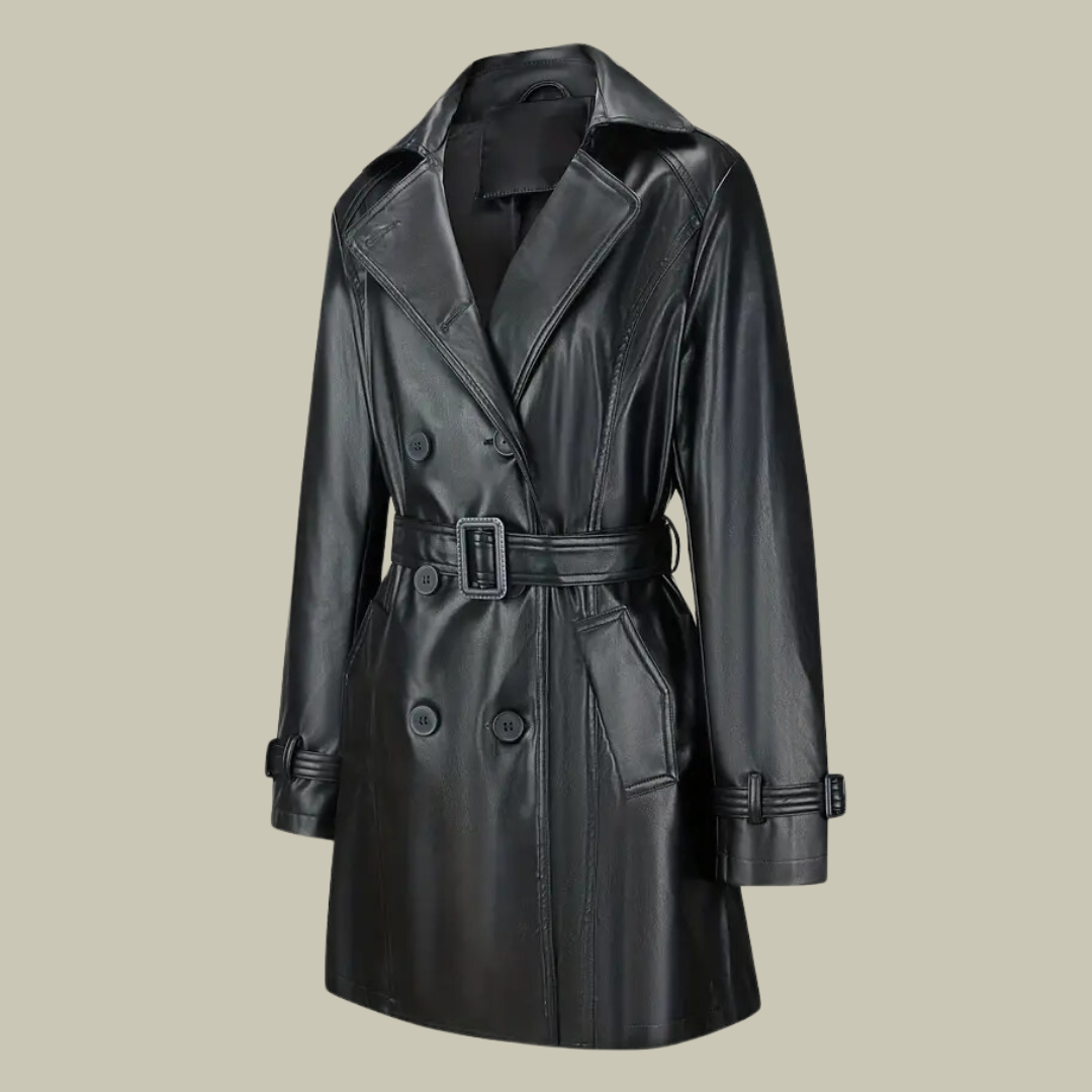 Vintage belted leather trench coat for women