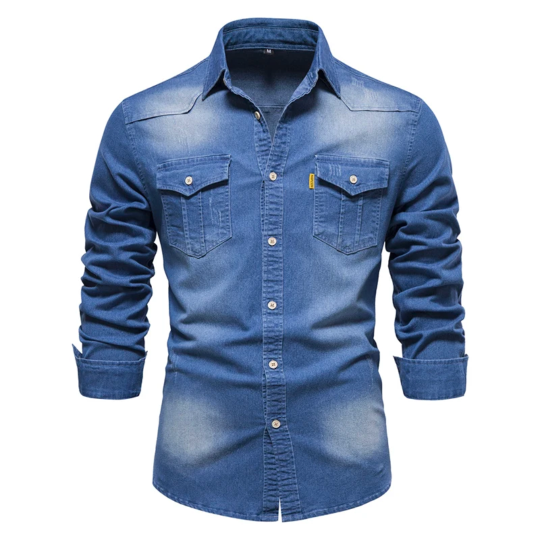 Fitted denim long-sleeved shirt for men