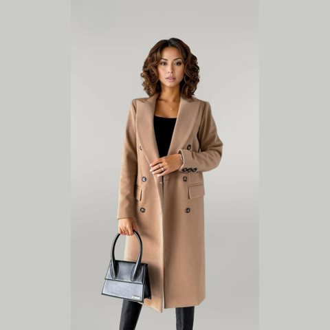 Women's Long Wool-Blend Coat - Double-Breasted - Tailored Fit - Notched Lapels