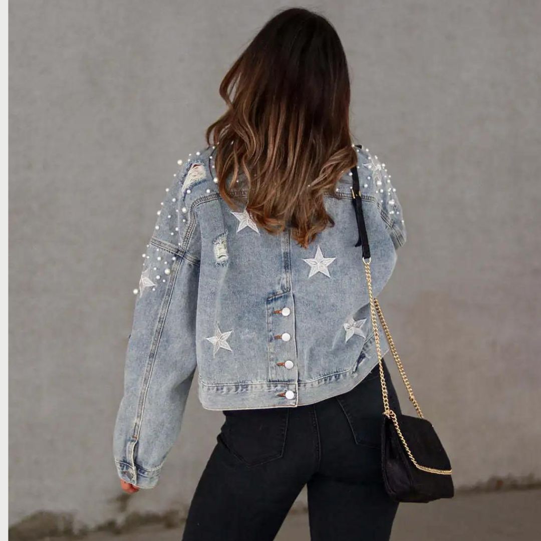 Veda - Denim jacket with pearl embellishment and star accents