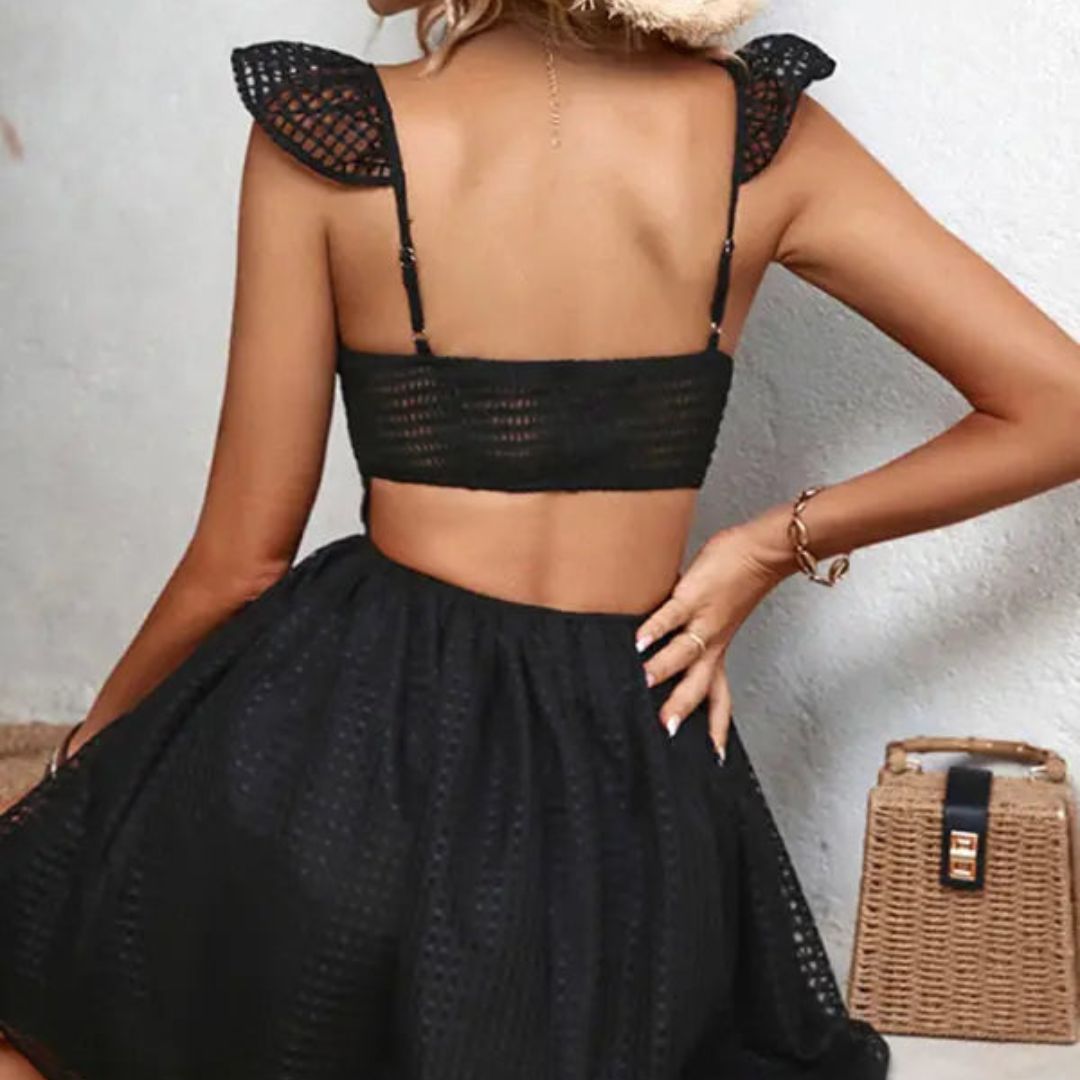 Zoe - Structured skater dress with mesh puff sleeves