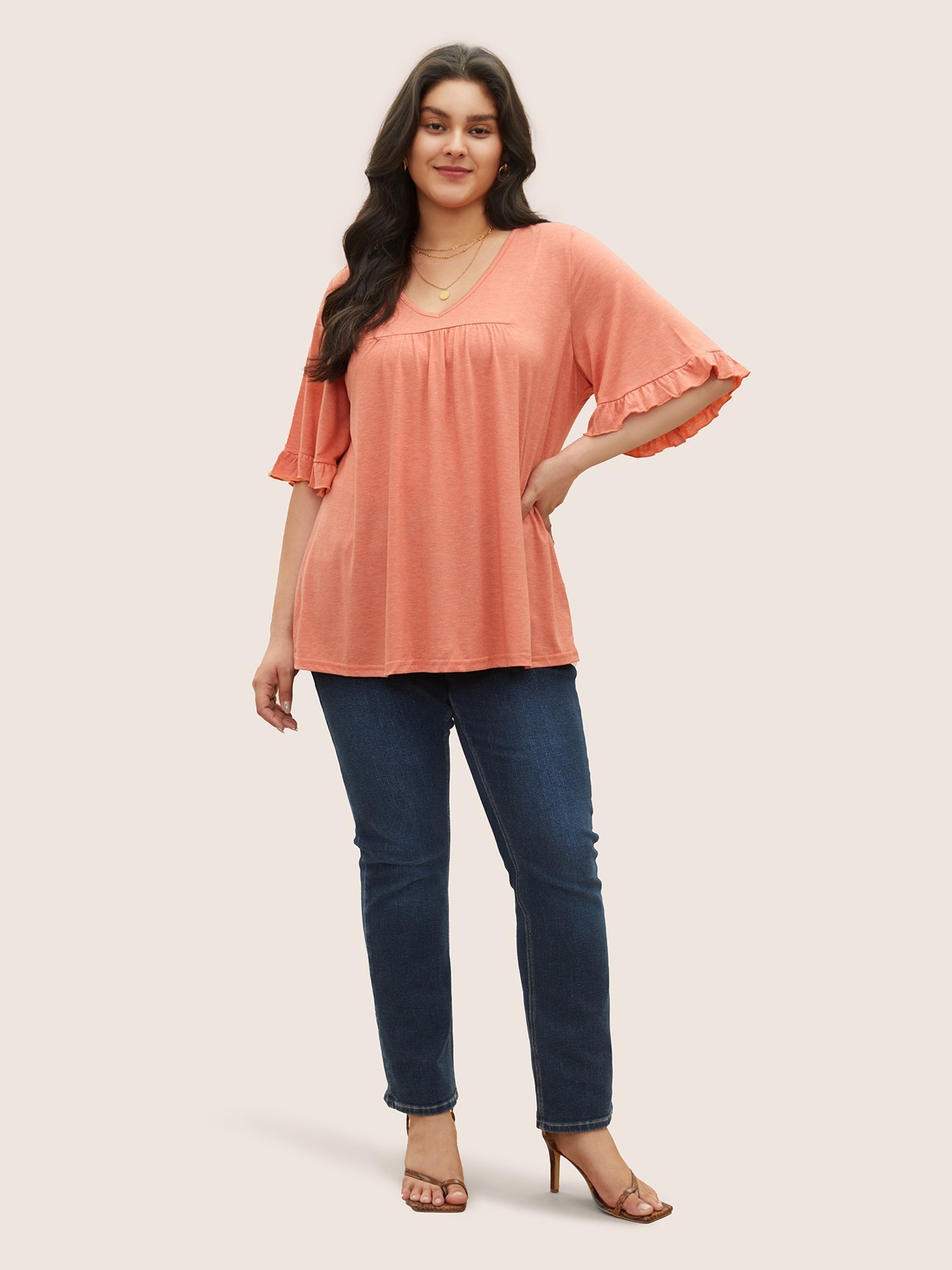 Solid Gathered Ruffle Trim Flounce Sleeve T-shirt