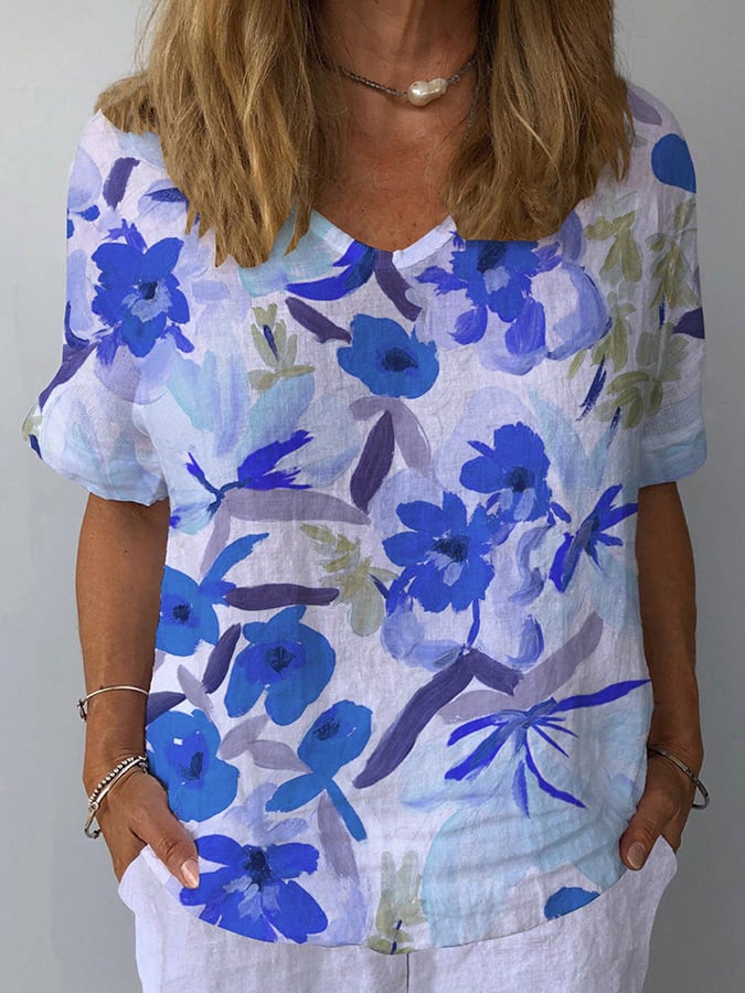 Women's Retro Floral Casual V-Neck Cotton And Linen Top