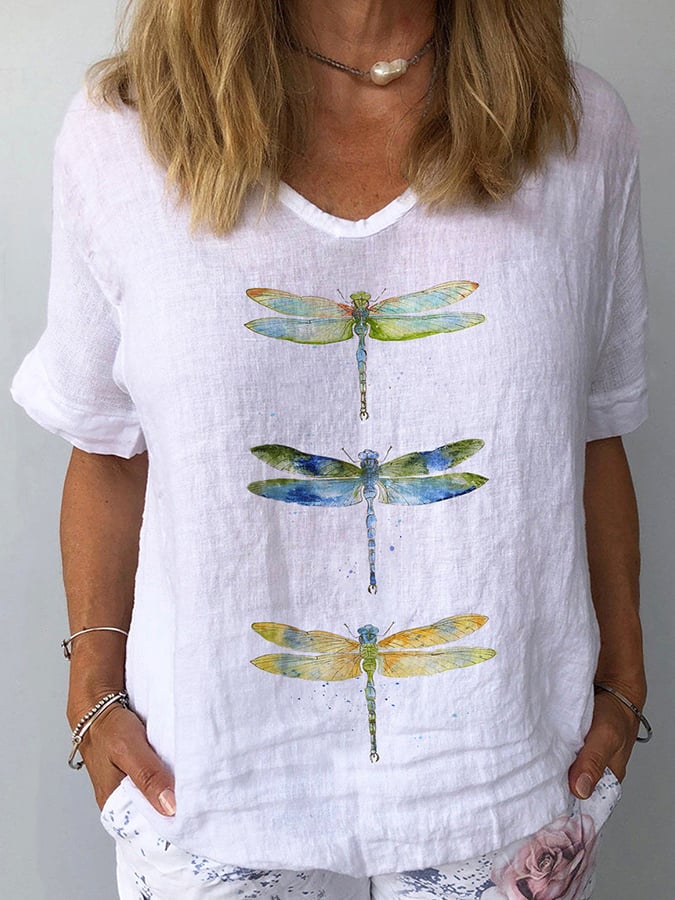 Women's Watercolor Dragonfly Print Cotton Linen-like Shirt