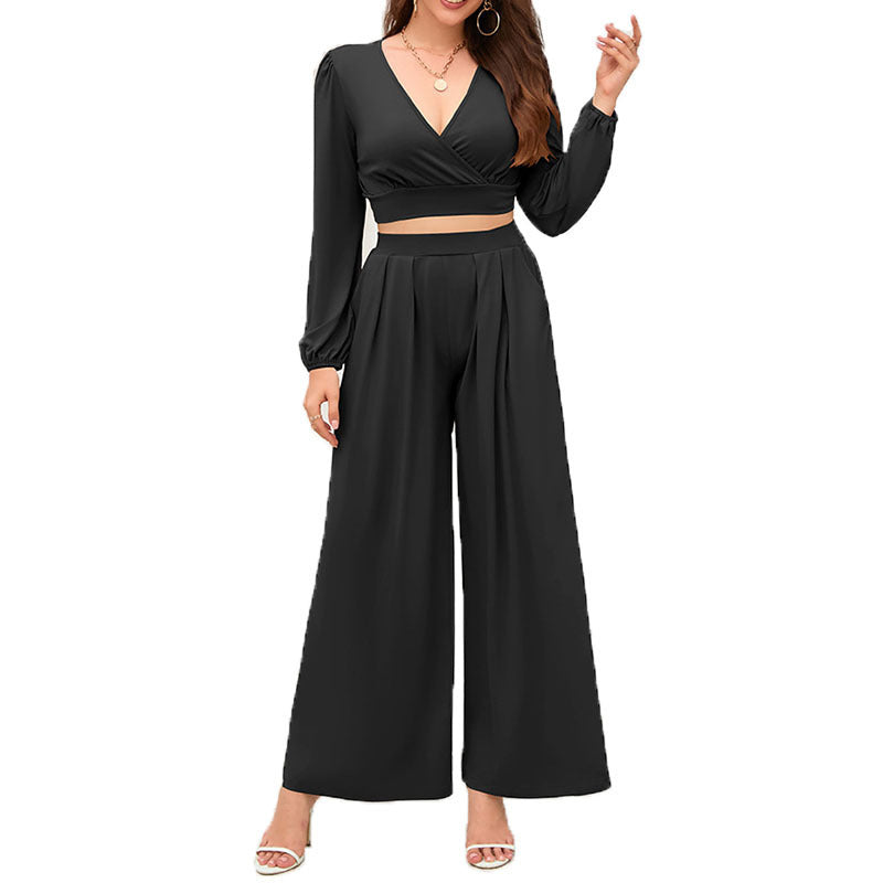 Ladies V-neck long sleeve and loose trousers fashion