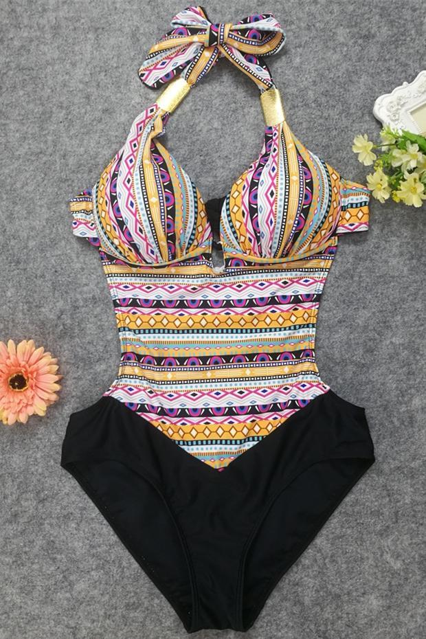 Yellow Plunging Halter Tribal Print Triangle Keyhole Backless Sexy High Cut One Piece Swimsuit