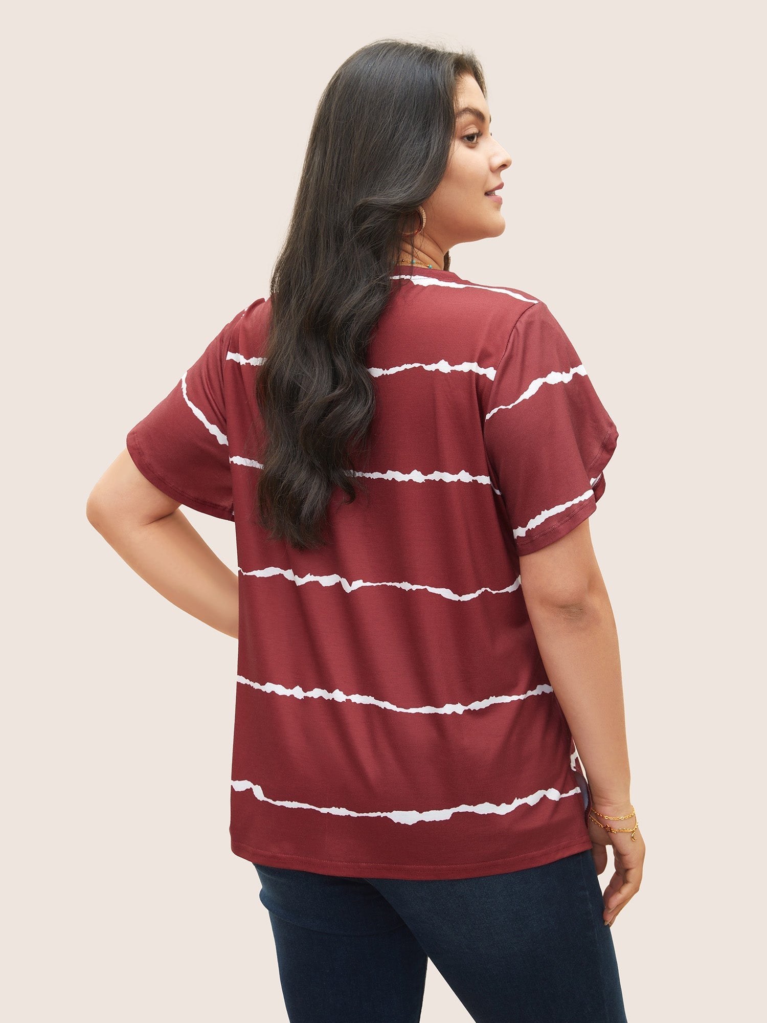 Striped Contrast Petal Sleeve T-shirt