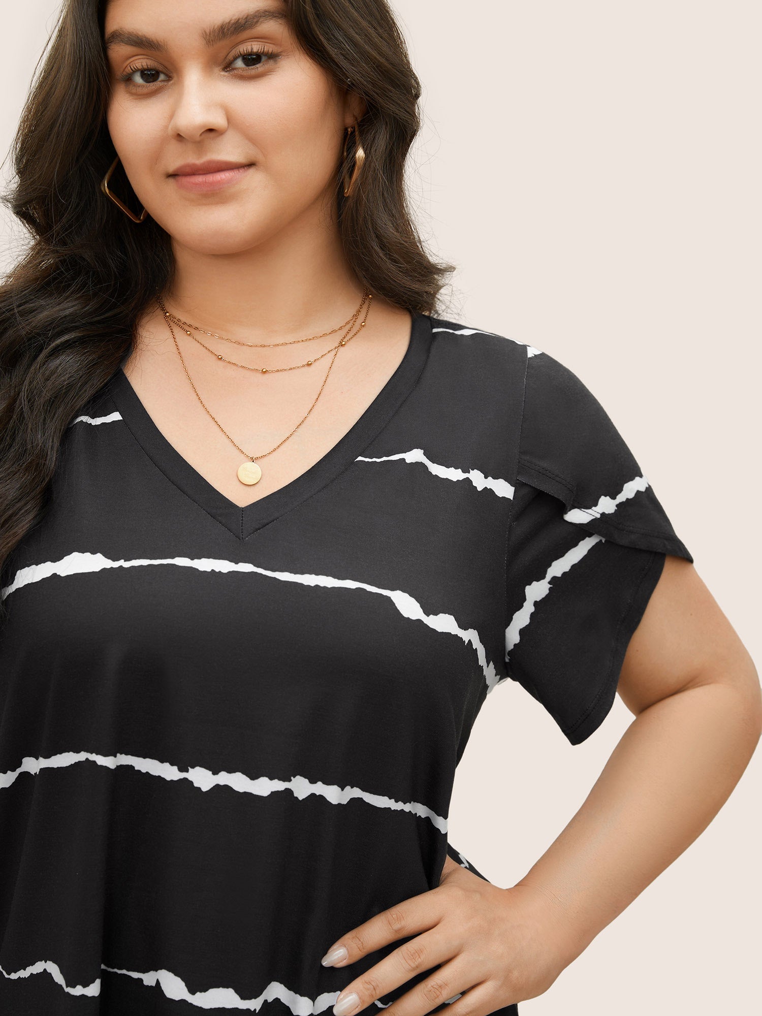 Striped Contrast Petal Sleeve T-shirt