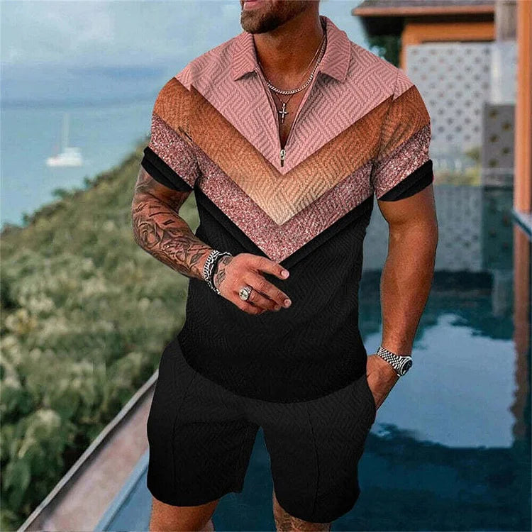 Casual Pink Trim Pattern Print Short Sleeve Polo Shirt And Shorts Co-Ord