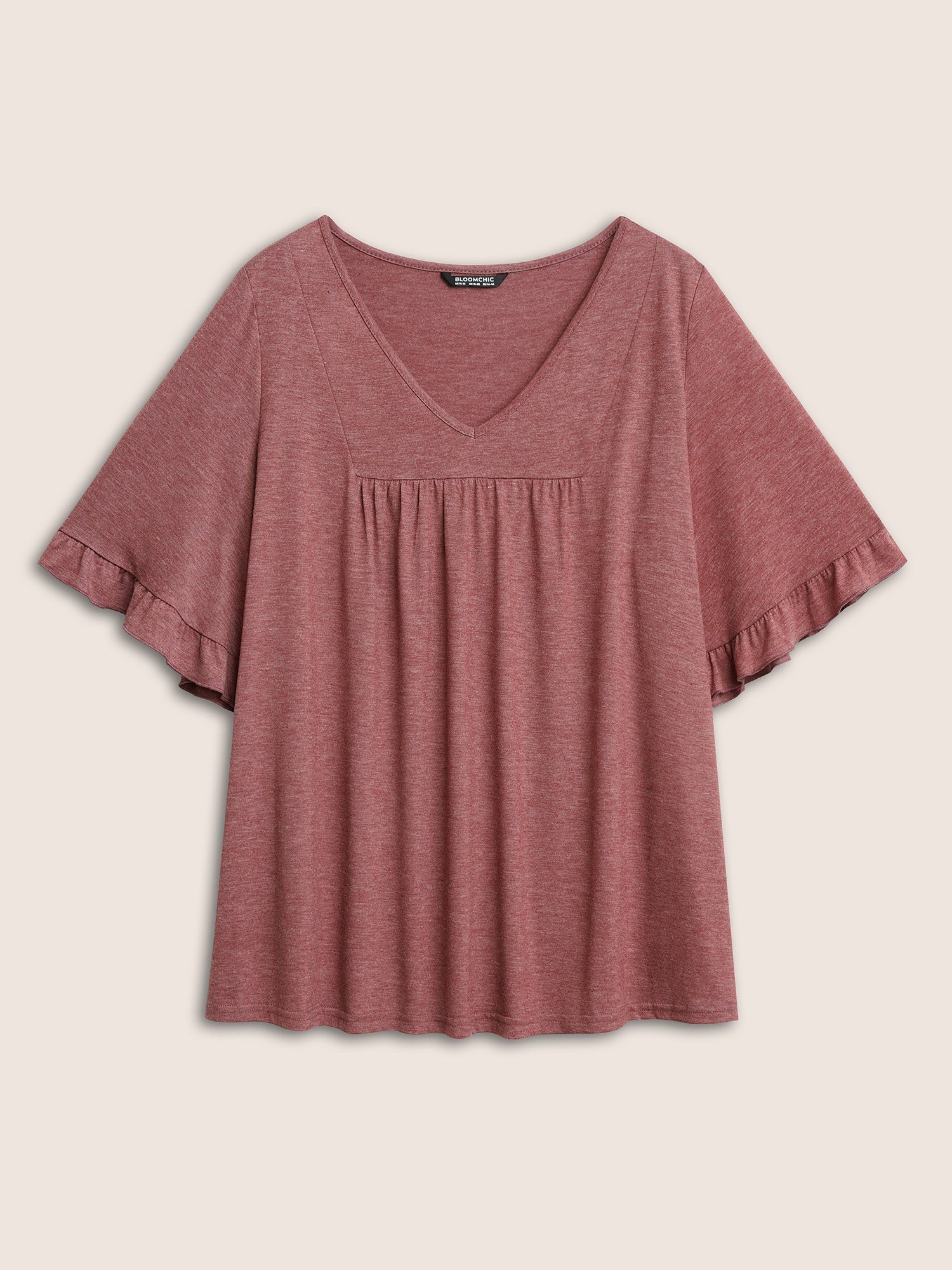 Solid Gathered Ruffle Trim Flounce Sleeve T-shirt