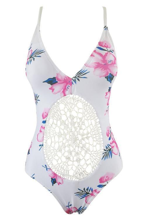 White Pink Floral Print Crochet Backless Sexy One Piece Swimsuit