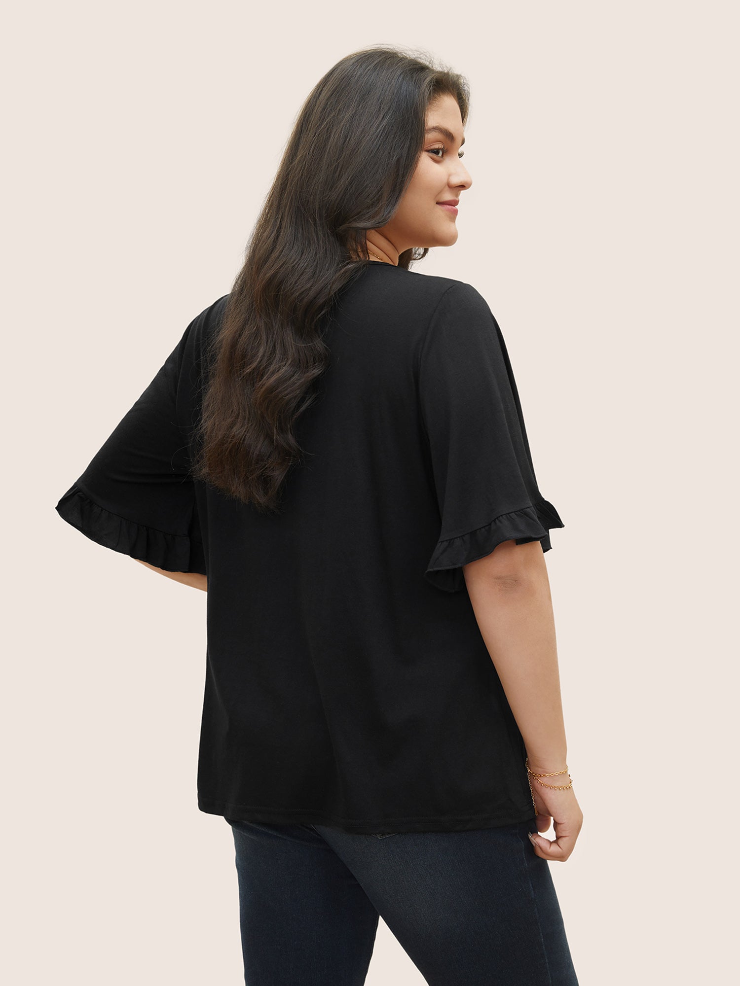 Solid Gathered Ruffle Trim Flounce Sleeve T-shirt