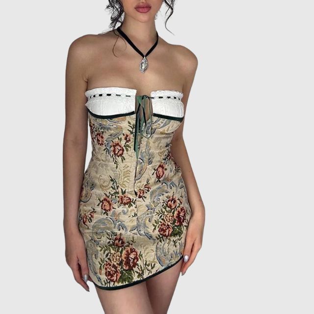 Savannah - Strapless mini dress with vintage tapestry pattern