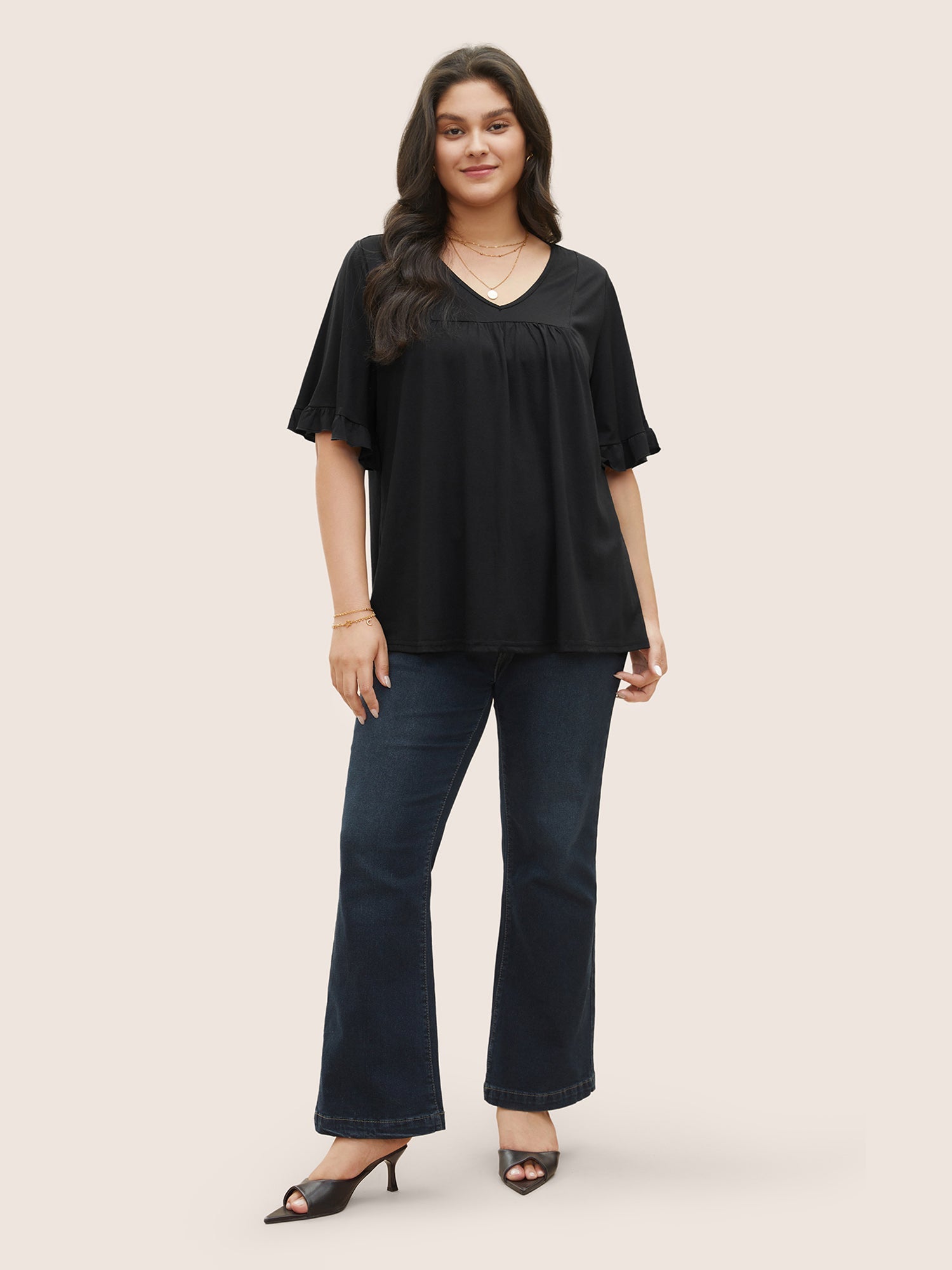 Solid Gathered Ruffle Trim Flounce Sleeve T-shirt