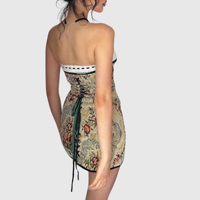 Savannah - Strapless mini dress with vintage tapestry pattern