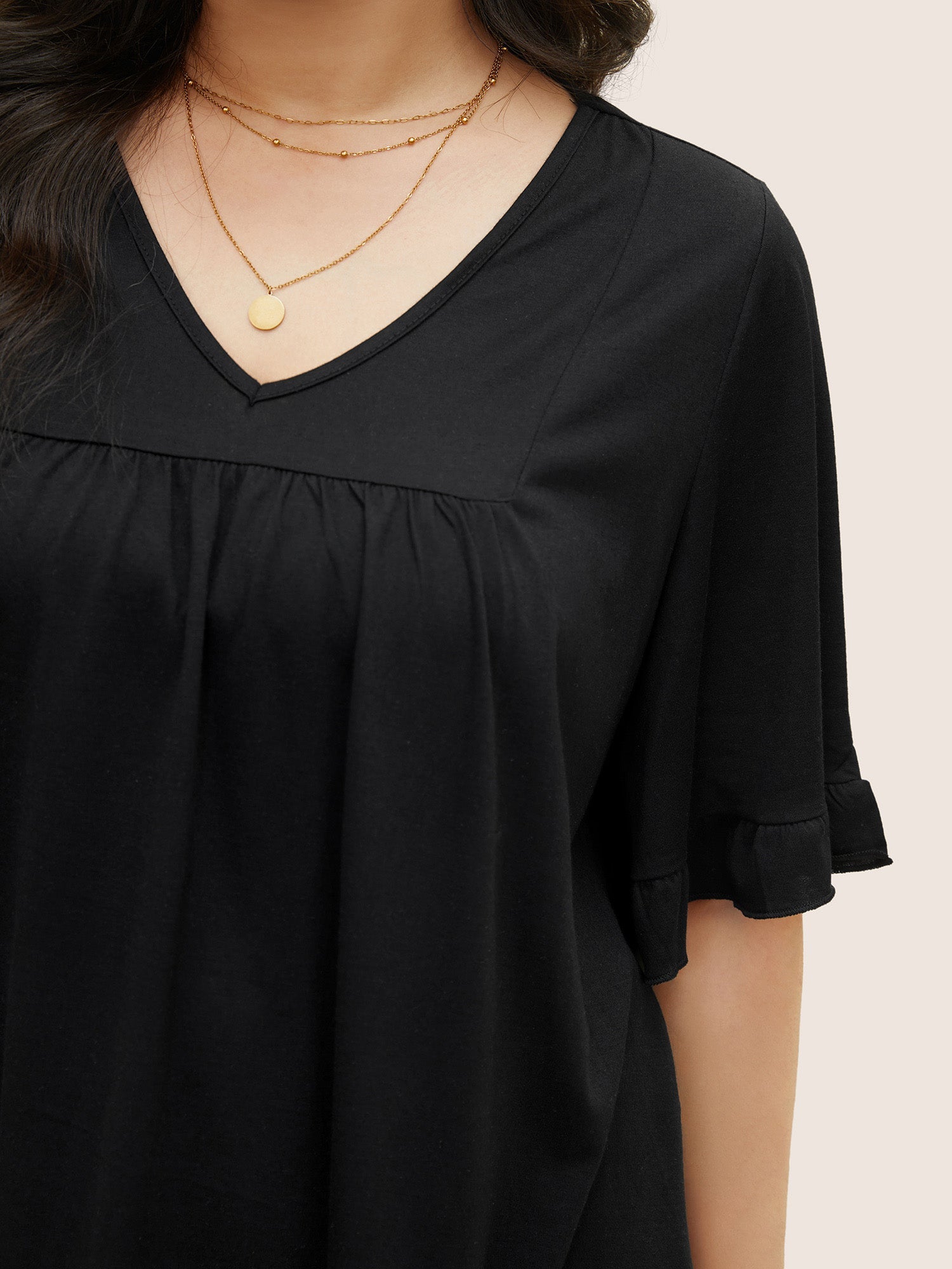 Solid Gathered Ruffle Trim Flounce Sleeve T-shirt