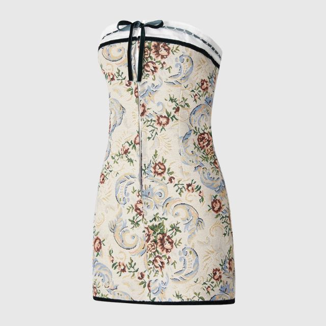 Savannah - Strapless mini dress with vintage tapestry pattern