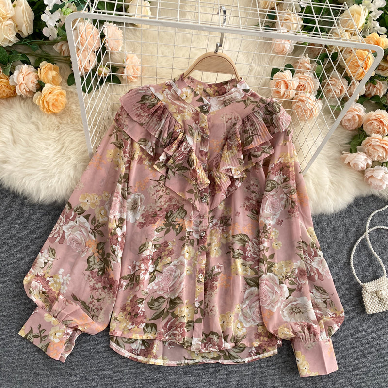 Sweet Pleated Ruffled Slim-fitting Puff Sleeve Chiffon Bluse