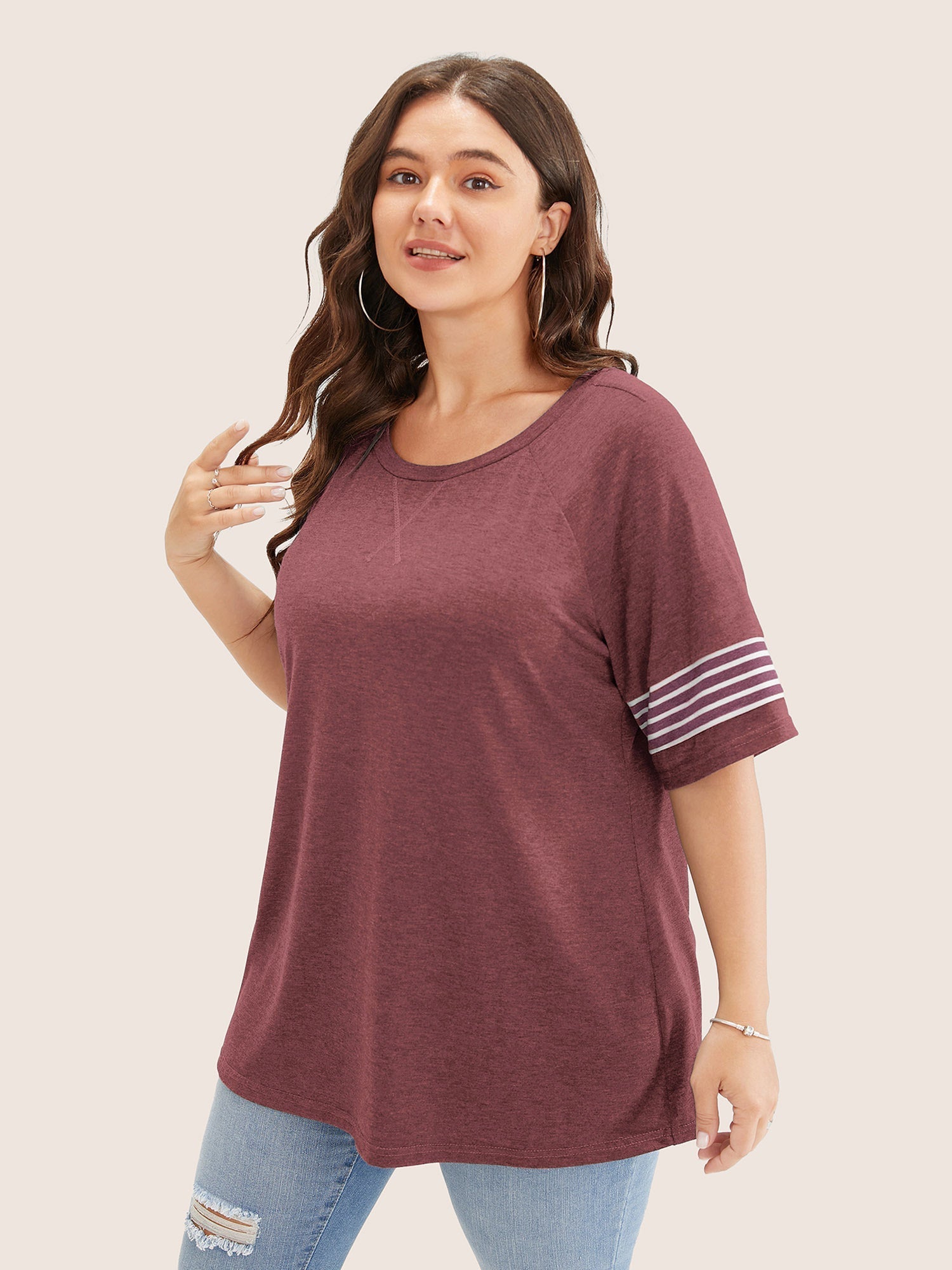 Striped Contrast Raglan Sleeve Crew Neck T-shirt