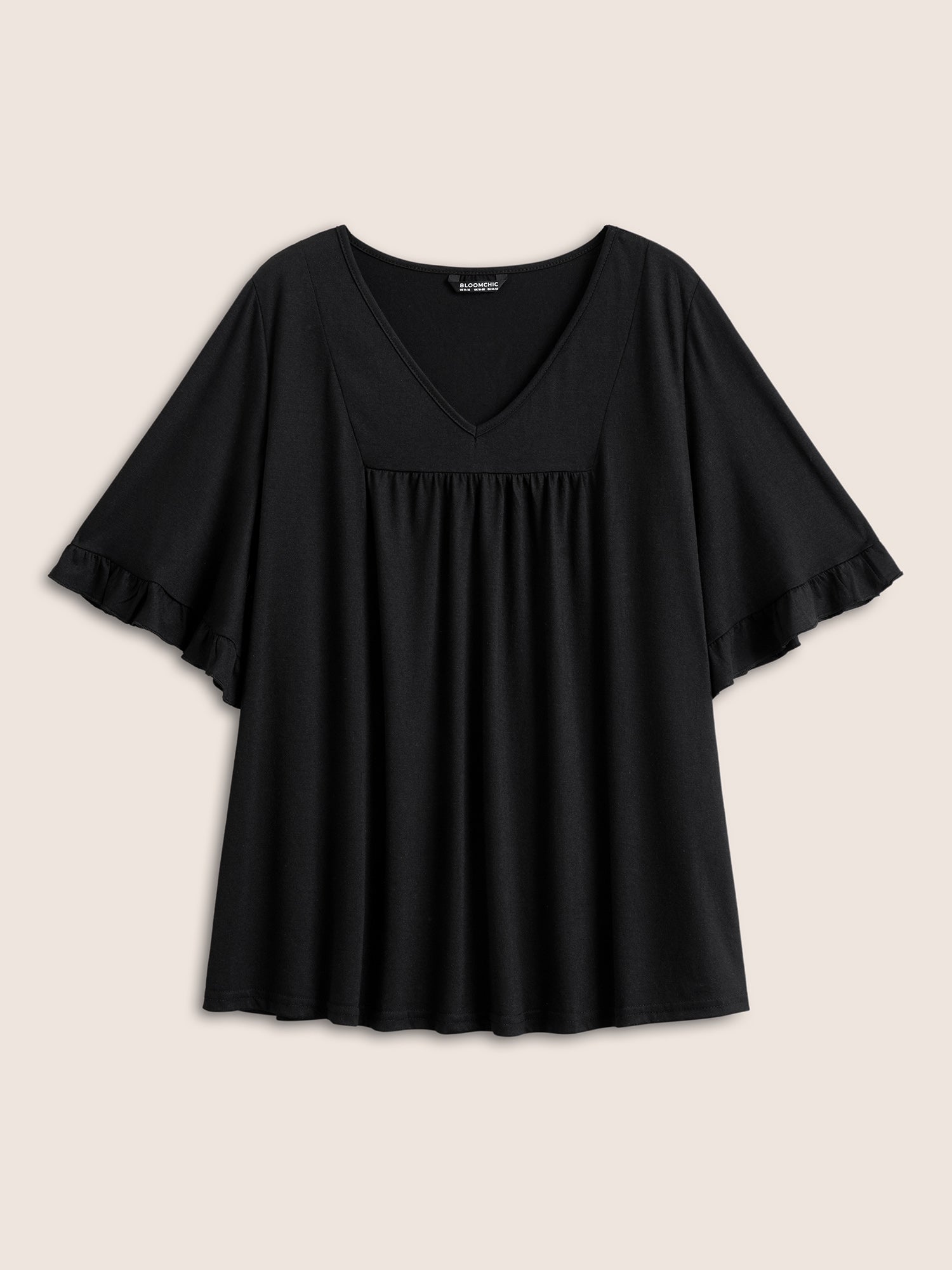 Solid Gathered Ruffle Trim Flounce Sleeve T-shirt