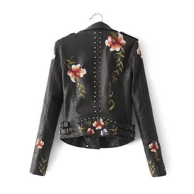 Women's casual leather jacket with floral design
