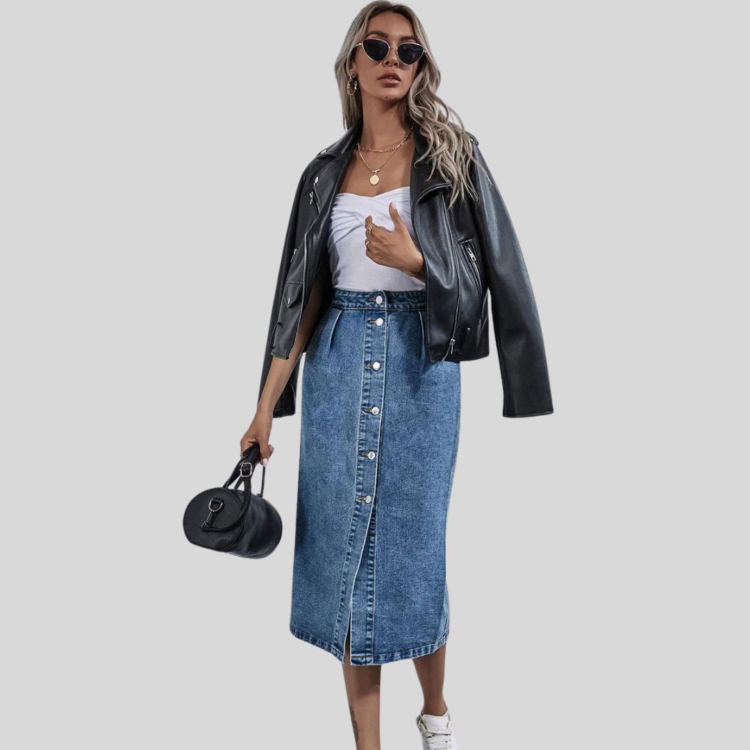 Lena - Chic denim midi skirt with button placket