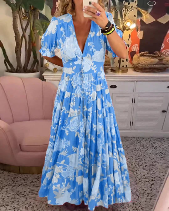 Summery maxi dress: deep V-neck, flounced hem