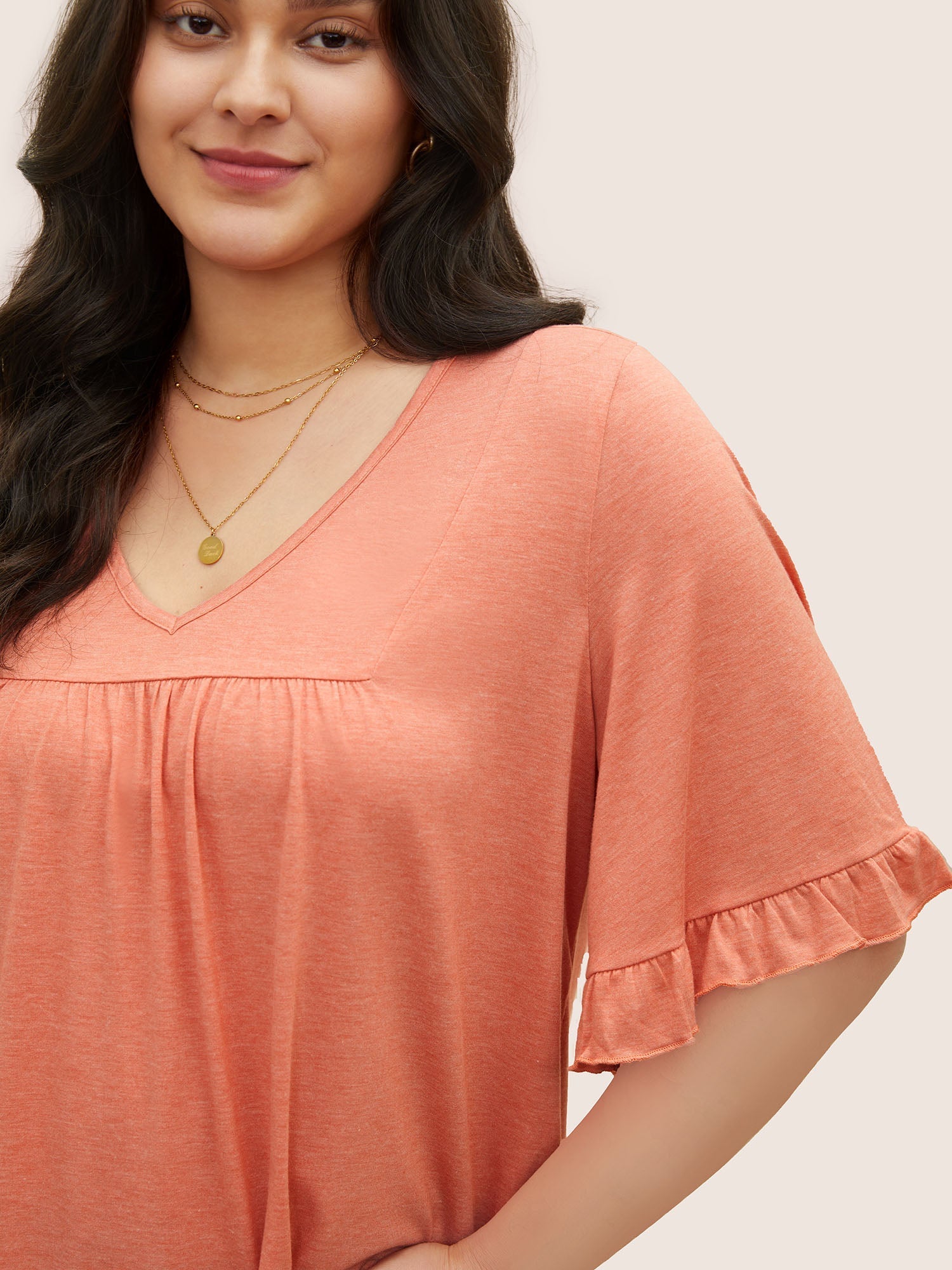 Solid Gathered Ruffle Trim Flounce Sleeve T-shirt