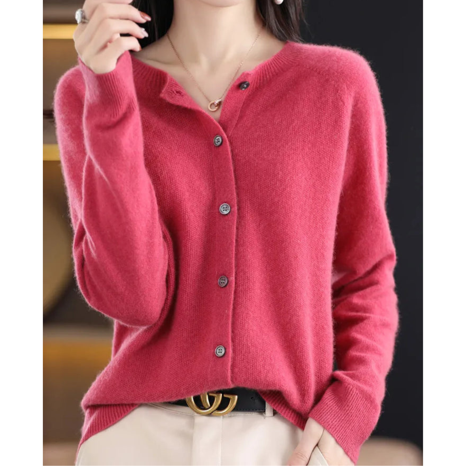 Pure Merino Wool Ladies O-neck Cardigan Cashmere Sweater