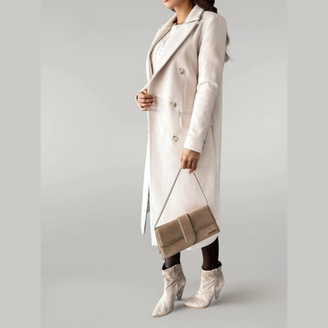 Women's Long Wool-Blend Coat - Double-Breasted - Tailored Fit - Notched Lapels