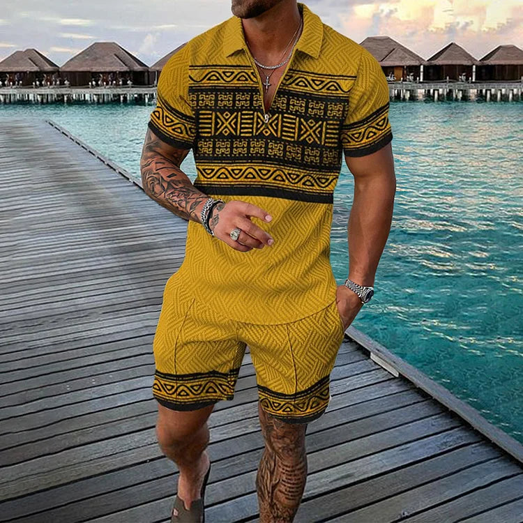 Mandala Yellow Pattern Print Short Sleeve Polo Shirt And Shorts Co-Ord