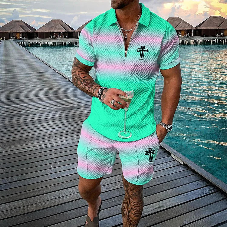 Easter Cross Contrast Color Short Sleeve Polo Shirt And Shorts Co-Ord