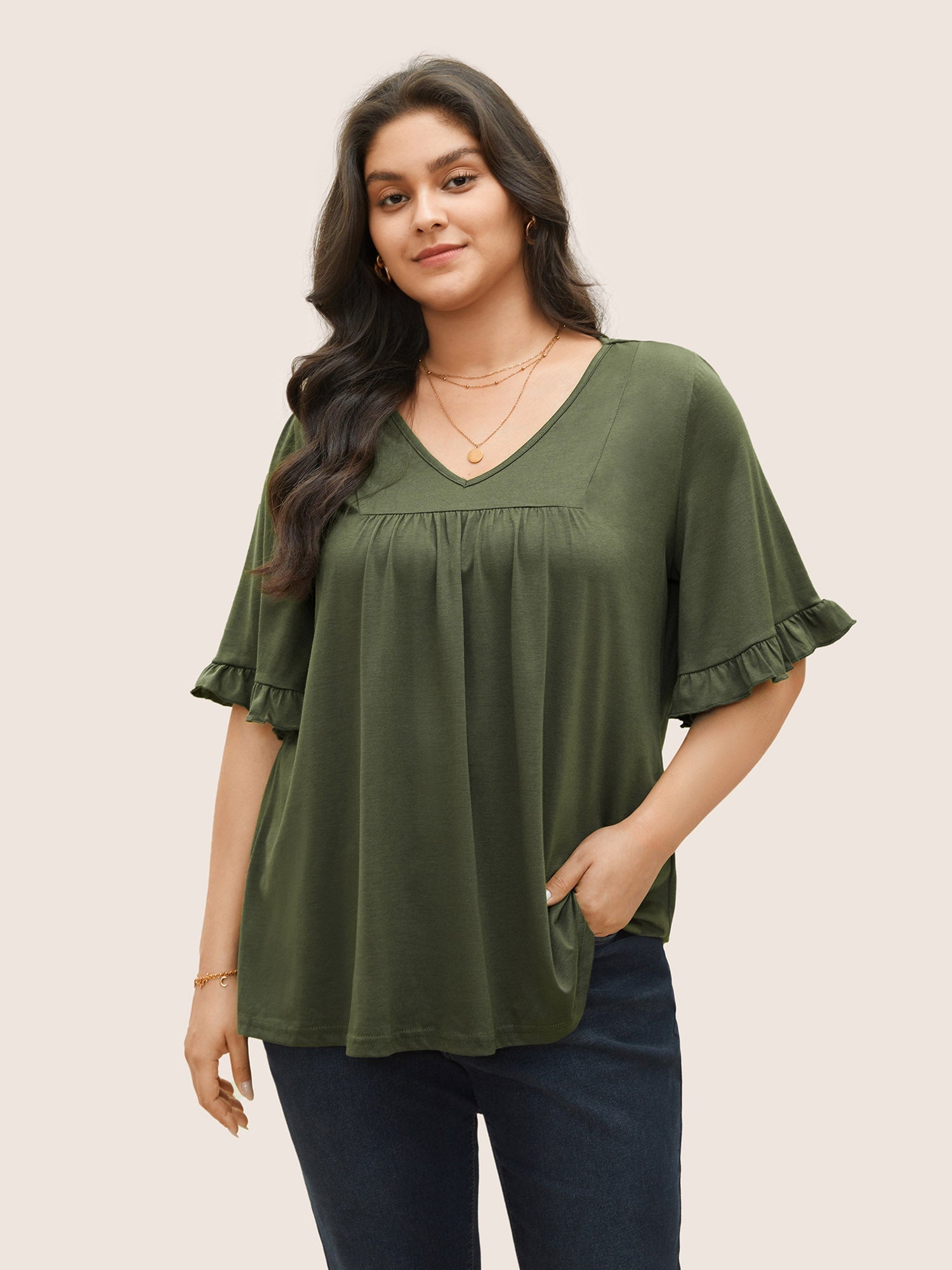 Solid Gathered Ruffle Trim Flounce Sleeve T-shirt