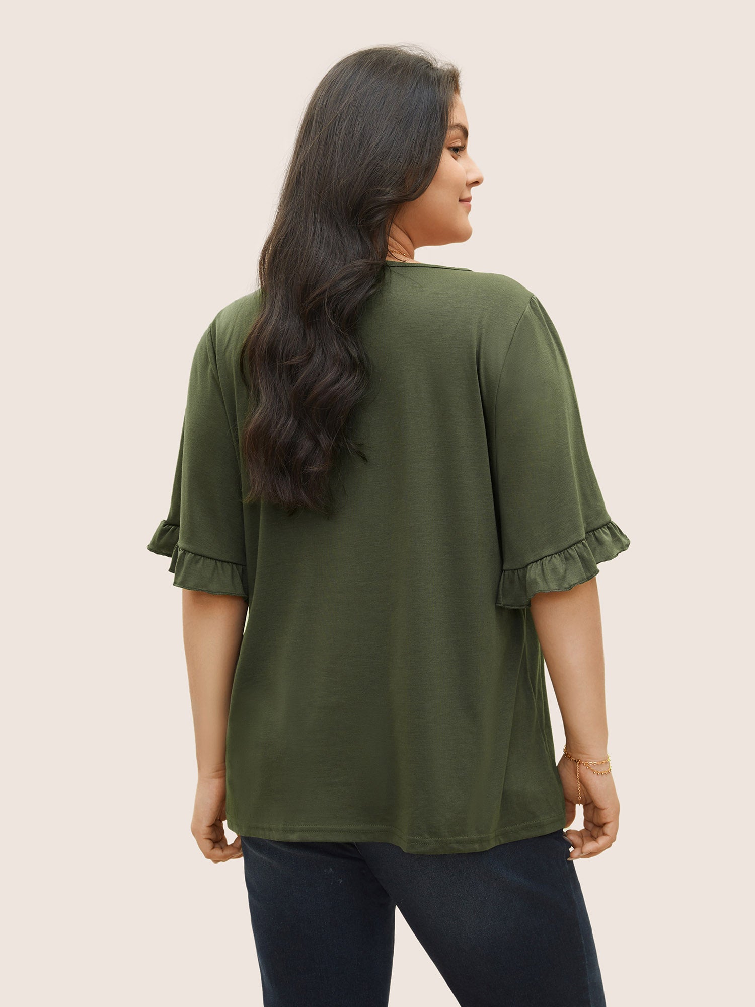 Solid Gathered Ruffle Trim Flounce Sleeve T-shirt