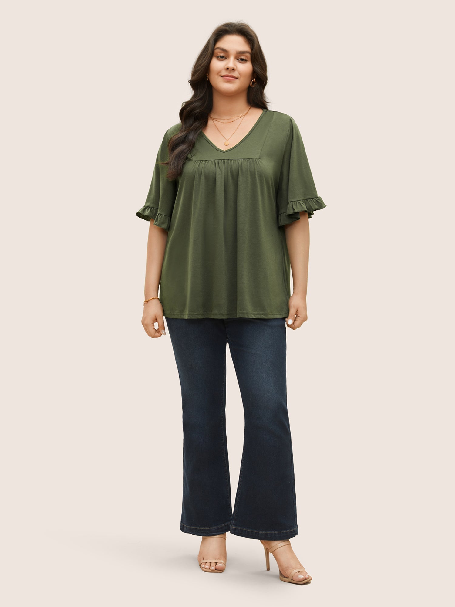 Solid Gathered Ruffle Trim Flounce Sleeve T-shirt