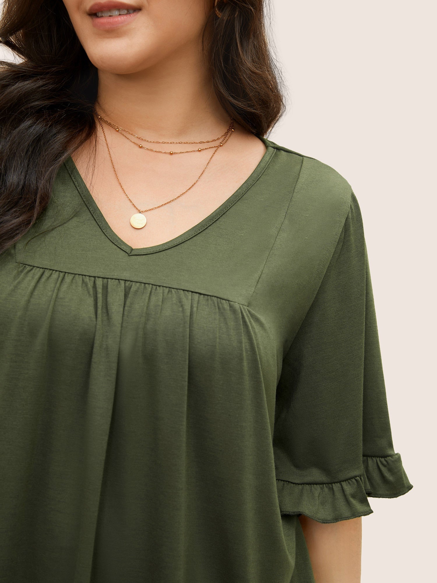 Solid Gathered Ruffle Trim Flounce Sleeve T-shirt