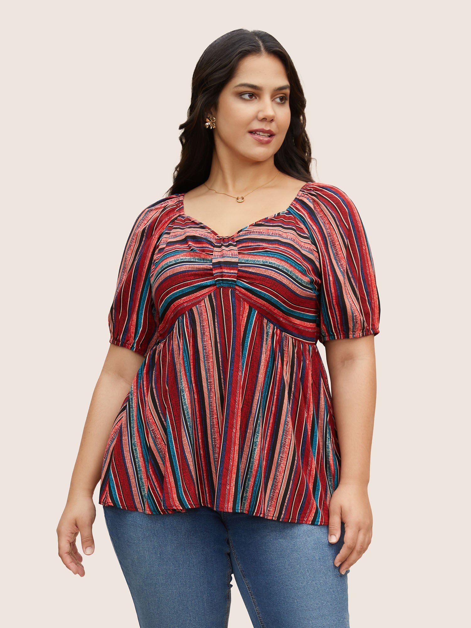 Striped Heart Neckline Lantern Sleeve Blouse