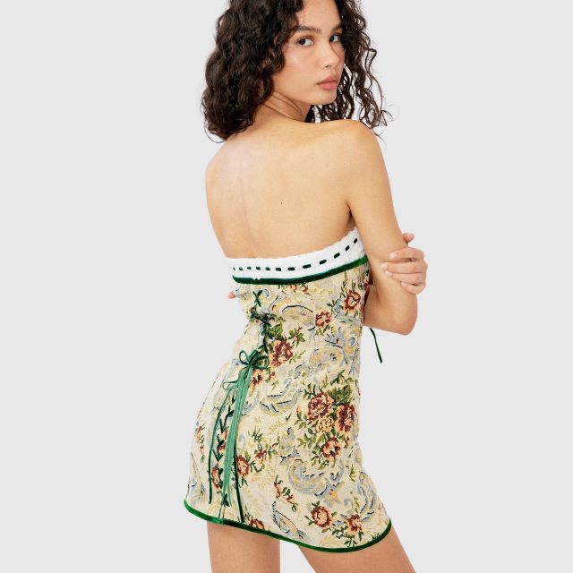 Savannah - Strapless mini dress with vintage tapestry pattern