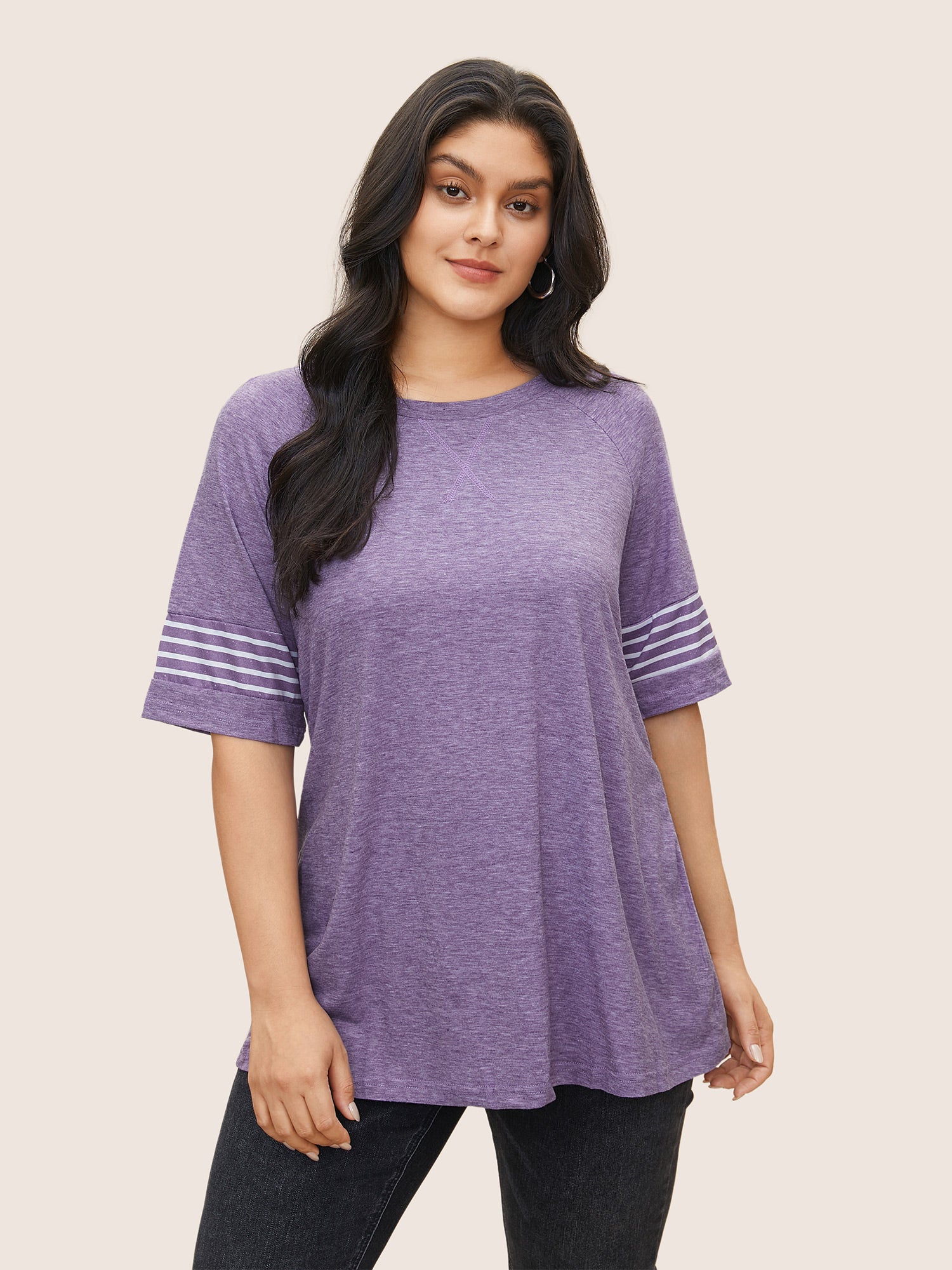 Striped Contrast Raglan Sleeve Crew Neck T-shirt