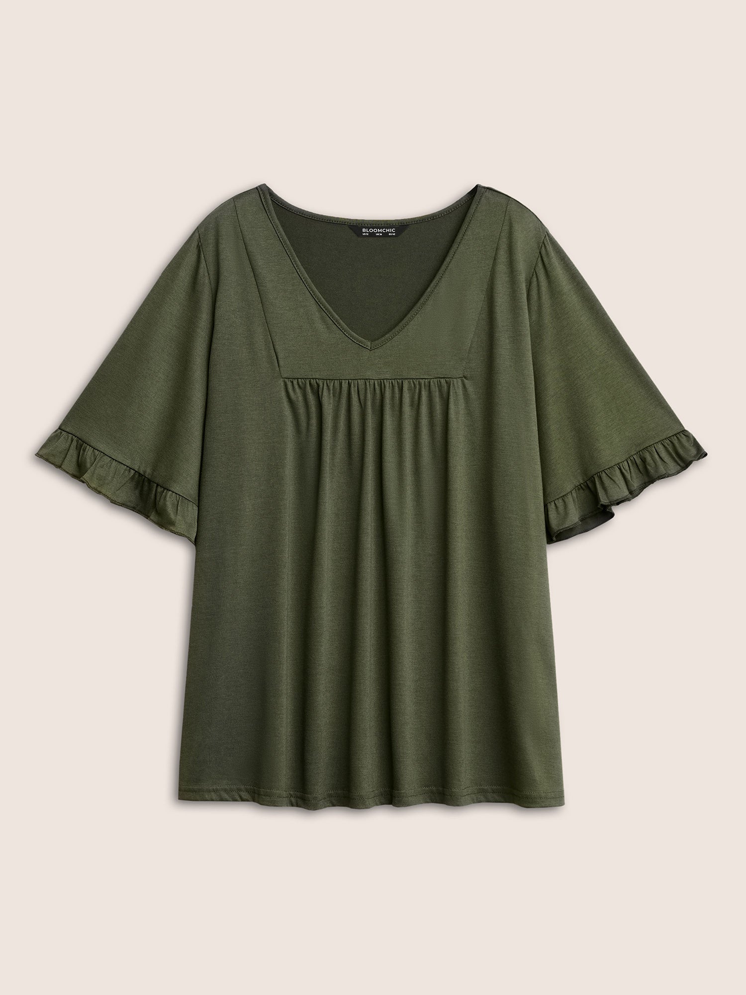 Solid Gathered Ruffle Trim Flounce Sleeve T-shirt