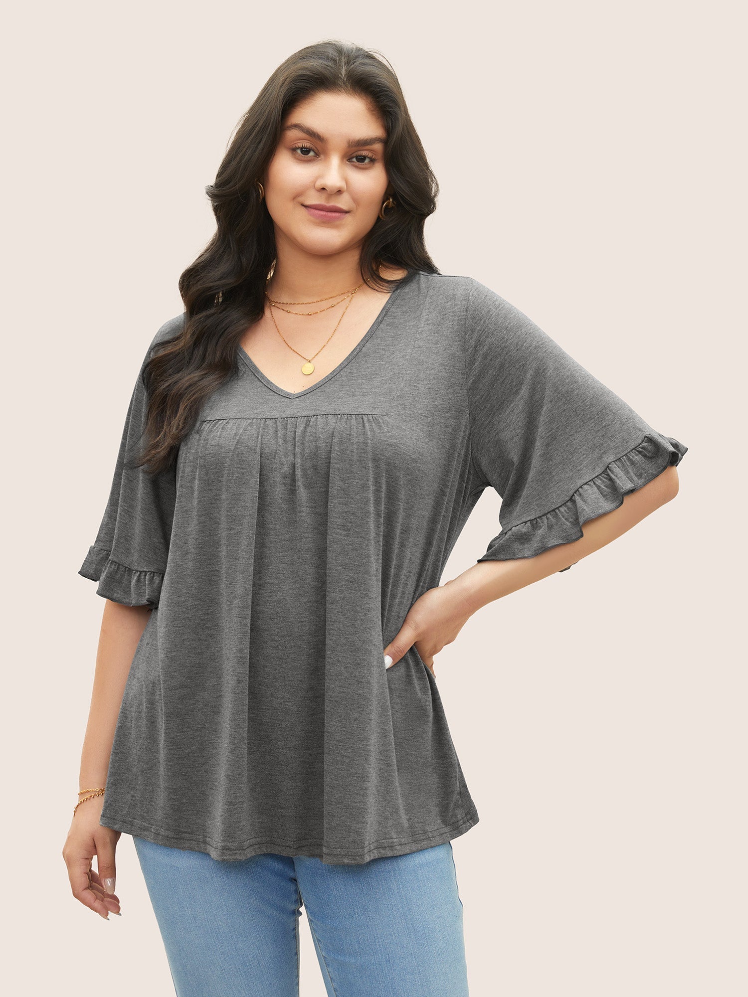 Solid Gathered Ruffle Trim Flounce Sleeve T-shirt