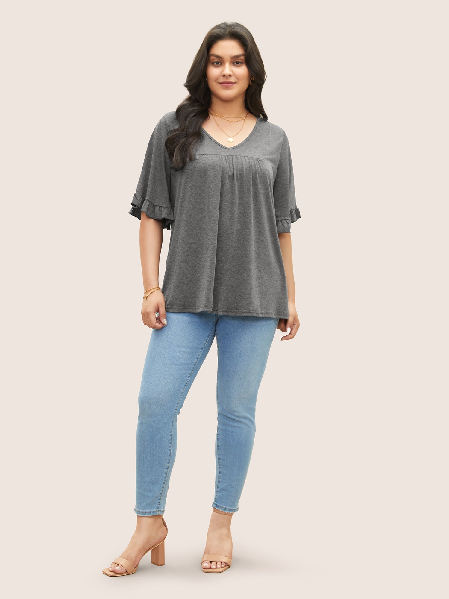 Solid Gathered Ruffle Trim Flounce Sleeve T-shirt