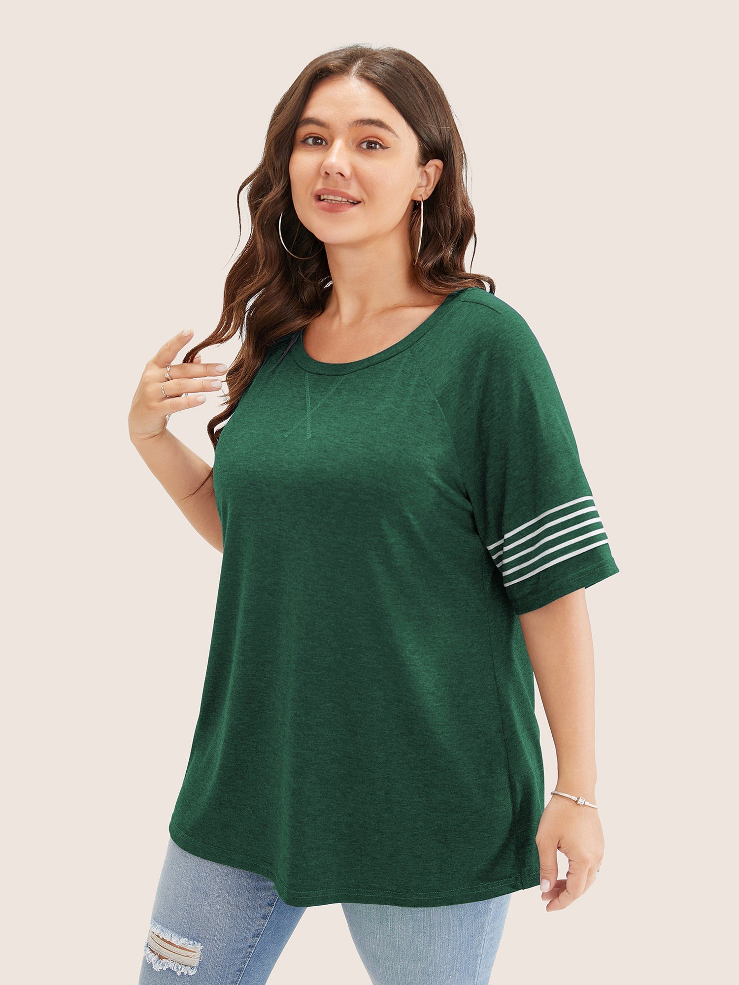 Striped Contrast Raglan Sleeve Crew Neck T-shirt