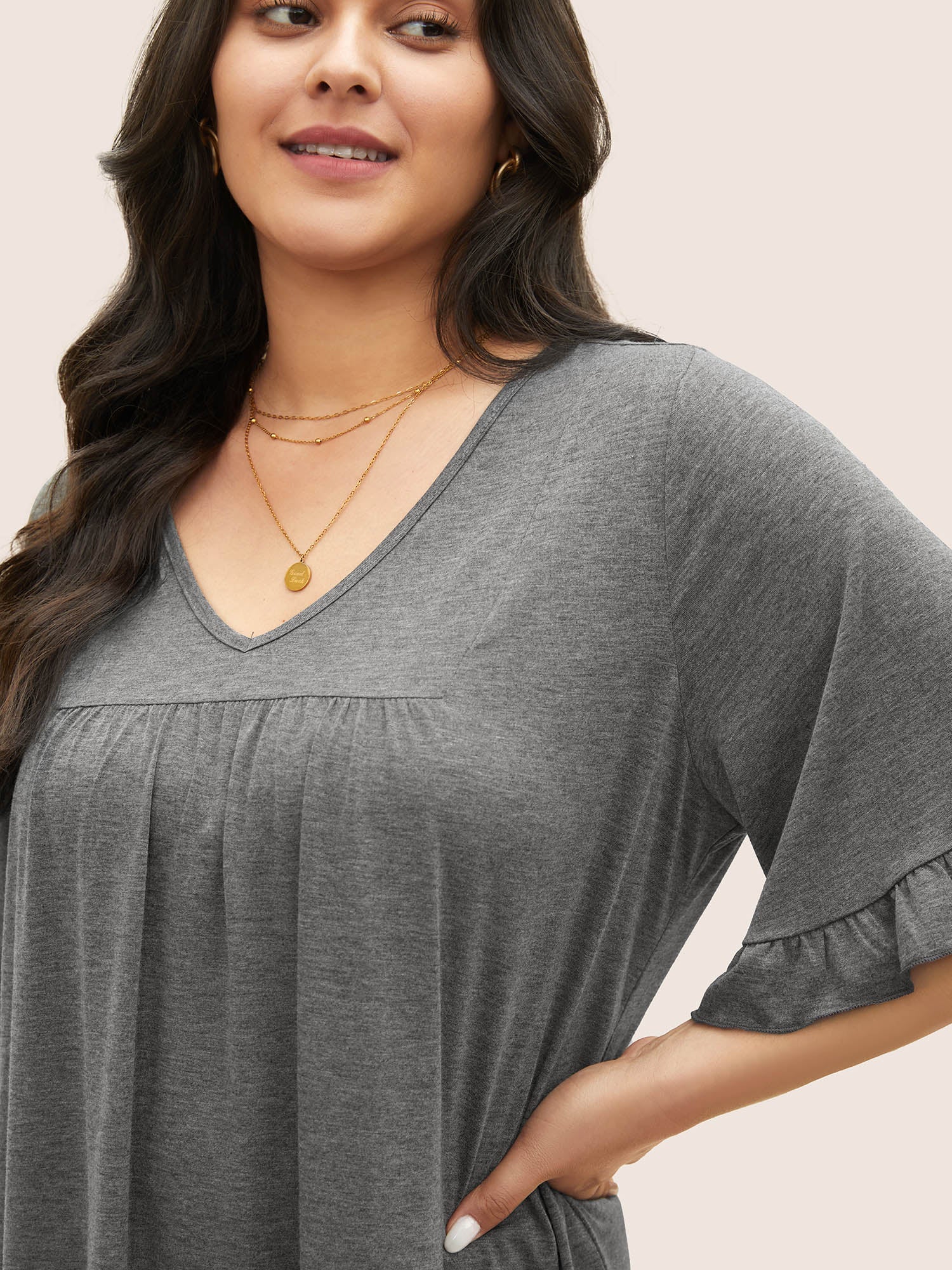 Solid Gathered Ruffle Trim Flounce Sleeve T-shirt