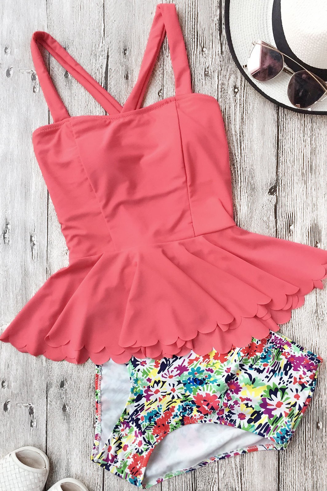 Watermelon Dasiy Print Scalloped Hem High Waisted Peplum Cute Tankini Swimsuit