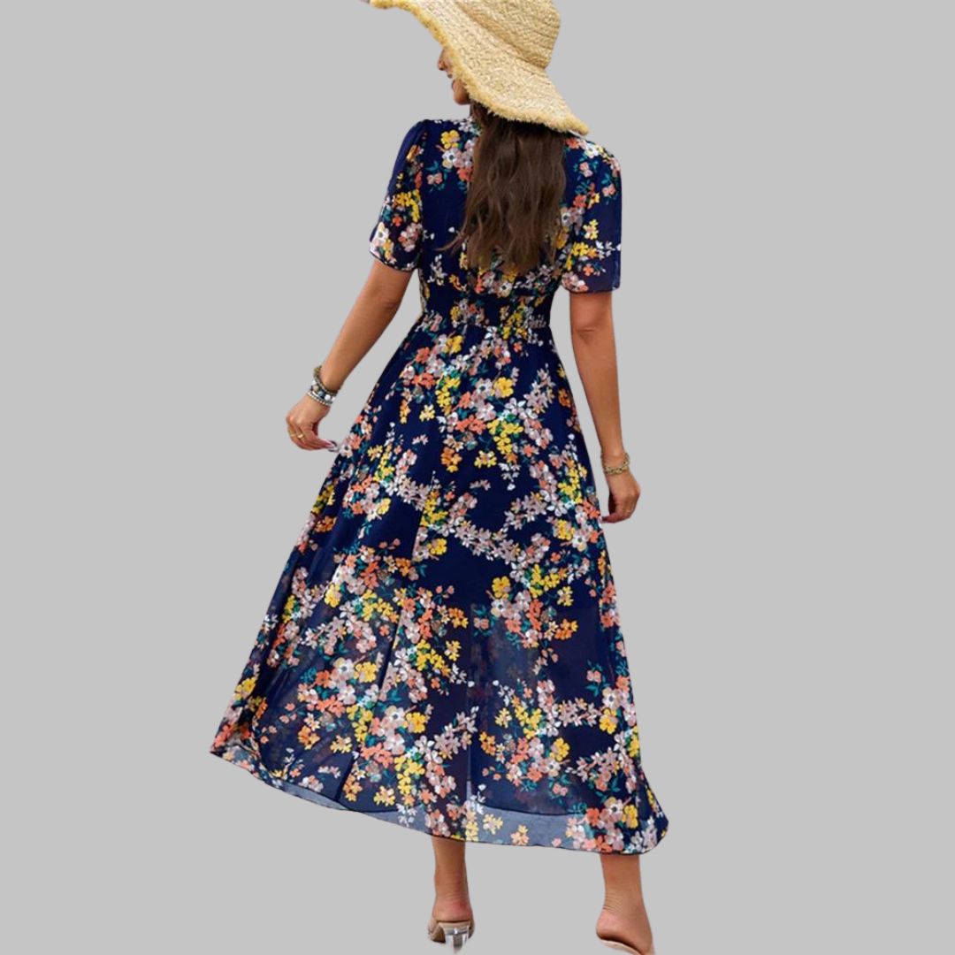 Isabella - Floral V-neck midi dress with short sleeves