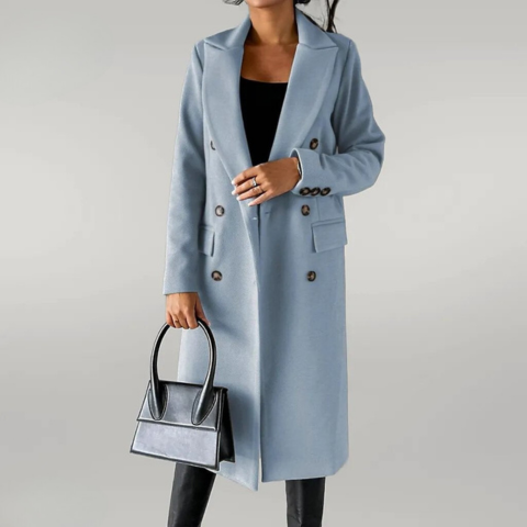 Women's Long Wool-Blend Coat - Double-Breasted - Tailored Fit - Notched Lapels