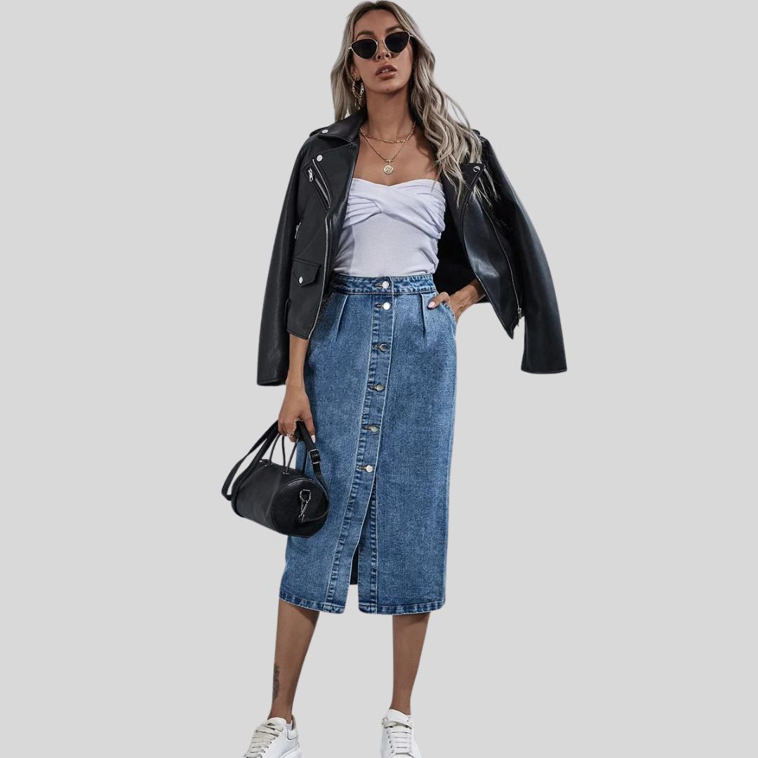 Lena - Chic denim midi skirt with button placket